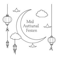 Moon and Lanterns with Mid Autumn Festival Text concept as A illustration combining the moon and hanging lanterns with Mid Autumn Festival text isolated on a white backgroun Cleans Set 2 vector