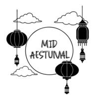 Moon and Lanterns with Mid Autumn Festival Text concept as A illustration combining the moon and hanging lanterns with Mid Autumn Festival text isolated on a white backgroun Cleans vector