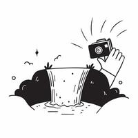 Photographer Capturing Glossy Waterfall in Lush Forest concept as A photographer capturing a glossy waterfall surrounded by lush greenery with light reflecting off the water The s Cleans Set 3 vector