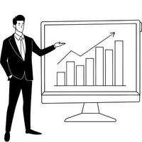 Product manager presenting glossy market data concept as A product manager stands before a large screen displaying glossy market data charts The background is sleek and modern wit Cleans vector