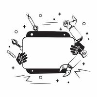 Robotic arm border with futuristic tools framing copy space concept as A border frame featuring stylized robotic arms holding futuristic tools framing a central copy space The des Cleans vector