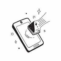 Smartphone with Holographic Fan and Moon concept as A smartphone placed on a white surface with a holographic fan and moon hovering above representing Mid Autumn symbols Camera an Cleans Set 3 vector