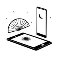 Smartphone with Holographic Fan and Moon concept as A smartphone placed on a white surface with a holographic fan and moon hovering above representing Mid Autumn symbols Camera an Cleans vector