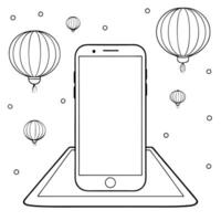 Smartphone on Holographic Surface with Lanterns concept as A smartphone lies on a glossy holographic surface surrounded by floating holographic Mid Autumn Festival lanterns Camera Cleans vector