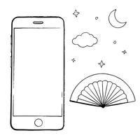 Smartphone with Holographic Fan and Moon concept as A smartphone placed on a white surface with a holographic fan and moon hovering above representing Mid Autumn symbols Camera an Cleans Set 2 vector