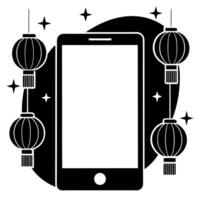 Smartphone with Holographic Mooncake and Lanterns concept as A smartphone on a white background surrounded by holographic mooncakes and lanterns symbolizing Mid Autumn Festival sym Cleans Set 2 vector