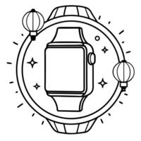 Smartwatch on Holographic Background with Lanterns concept as A smartwatch placed on a holographic background with glowing lanterns surrounding it representing the Mid Autumn Festi Cleans vector