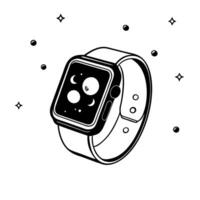 Smartwatch with Holographic Moon and Stars concept as A smartwatch on a glossy white surface with holographic moons and stars floating above it symbolizing the Mid Autumn Festival Cleans vector