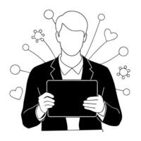 Social media analyst reviewing glossy engagement metrics concept as A social media analyst is focused on glossy engagement metrics displayed on a tablet The background is vibrant Cleans vector