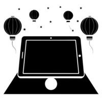 Tablet on Holographic Surface with Lanterns and Moon concept as A tablet lies on a glossy holographic surface with floating lanterns and a moon above representing the Mid Autumn Fe Cleans Set 2 vector