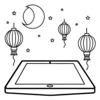 Tablet on Holographic Surface with Lanterns and Moon concept as A tablet lies on a glossy holographic surface with floating lanterns and a moon above representing the Mid Autumn Fe Cleans vector