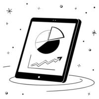Tablet with holographic arrow and pie chart concept as A tablet on a clean white surface displaying a holographic arrow pointing towards a floating pie chart The glowing glossy el Cleans vector