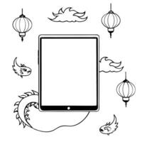 Tablet with Holographic Dragon and Lanterns concept as A tablet on a white background with holographic dragons and lanterns surrounding it symbolizing the Mid Autumn Festival Came Cleans Set 2 vector