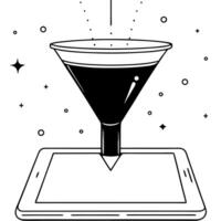 Tablet with holographic funnel and data points concept as A tablet on a white background displays a holographic funnel with floating data points descending through it The glowing Cleans vector