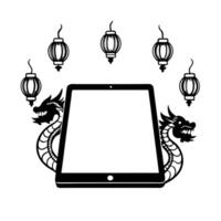 Tablet with Holographic Dragon and Lanterns concept as A tablet on a white background with holographic dragons and lanterns surrounding it symbolizing the Mid Autumn Festival Came Cleans vector