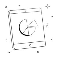 Tablet with holographic pie chart and checkmark concept as A tablet on a white background displays a holographic pie chart with a floating checkmark The glossy glowing elements em Cleans vector