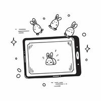 Tablet with Holographic Rabbits and Lanterns concept as A tablet on a white background with holographic rabbits and lanterns around it representing Mid Autumn Festival symbols Cam Cleans Set 3 vector