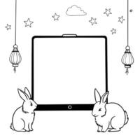 Tablet with Holographic Rabbits and Lanterns concept as A tablet on a white background with holographic rabbits and lanterns around it representing Mid Autumn Festival symbols Cam Cleans Set 2 vector