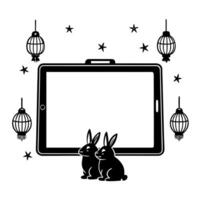 Tablet with Holographic Rabbits and Lanterns concept as A tablet on a white background with holographic rabbits and lanterns around it representing Mid Autumn Festival symbols Cam Cleans vector