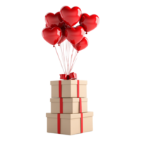 Stack of gift boxes topped with a cluster of red heart shaped balloons, isolated on transparent background png