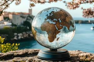 A glass globe featuring the image of planet Earth, set against the backdrop of a bustling city. photo