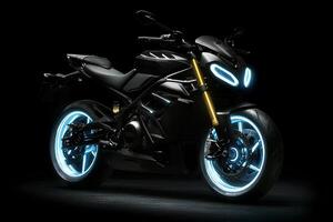 A sleek sports motorcycle illuminated by neon lights, set against a black background, creating a dynamic and futuristic atmosphere photo