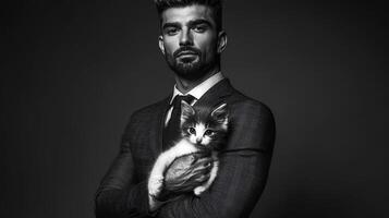A handsome bearded man in a tailored suit holds a cat in his arms, set against a dark, moody background. The contrast of the mans elegant attire and the cats charm creates a unique photo