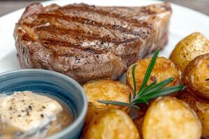 A close-up view of a perfectly grilled steak served with roasted potatoes and a savory sauce on a white plate, showcasing a delicious and appetizing meal photo