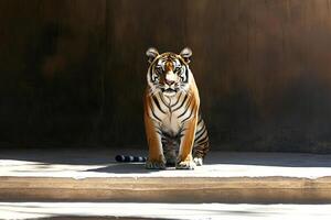 A majestic portrait of a tiger sitting in the sun at the zoo, its powerful gaze and rich orange fur illuminated by natural light, showcasing the beauty and strength of this magnificent animal photo