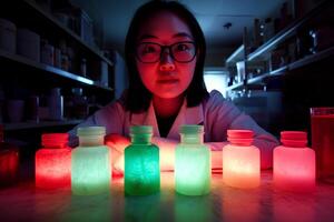 A young female researcher conducting scientific research in a laboratory, with a color-toned image and shallow depth of field that emphasizes her focus and the surrounding equipment. photo