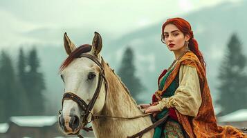 A beautiful girl dressed in a medieval gown, standing beside a horse in the mountains. The majestic mountain backdrop and the natural setting enhance the serene and regal atmosphere photo