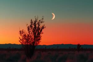 A breathtaking desert sunset with vibrant colors in the sky, featuring the crescent moon glowing softly in the foreground. The vast desert landscape creates a tranquil and dramatic atmosphere photo