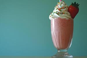 A refreshing strawberry milkshake topped with creamy whipped cream, served in a glass. The vibrant pink shake contrasts beautifully with the blue background, creating a visually appealing photo