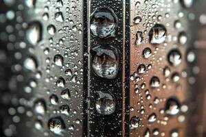 A detailed close-up of water drops scattered on a smooth metal surface. The reflective droplets create a visually appealing texture and highlight the interaction between water and metal. photo