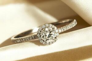 A beautiful close-up image of a wedding ring with sparkling diamonds, set against a luxurious satin background. The soft texture of the satin highlights the brilliance of the diamonds photo