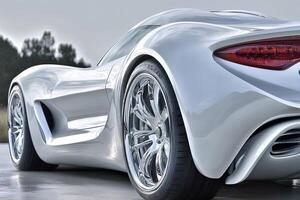A sleek, modern silver sports car placed against a neutral gray background, showcasing its stylish design, powerful features, and high-performance appeal photo