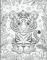 Cute Tiger Cat Coloring Kid Book Page in Black and White. and Colored Samples vector