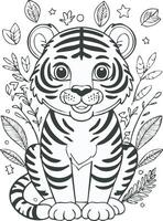 Cute Tiger Cat Coloring Kid Book Page in Black and White. Monochrome Colored Samples vector