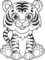 Cute Tiger Cat Coloring Kid Book Page in Black and White. Monochrome and Samples vector