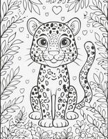 Cute Leopard Cat Mammal Coloring Kid Book Page in Black and White. Monochrome and Colored Samples vector