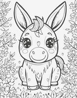 Cute Donkey Mammal Coloring Kid Book Page in Black and White. Monochrome and Colored Samples vector