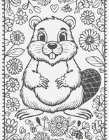 Cute Beaver Mammal Coloring Kid Book Page in Black and White. Monochrome and Colored vector