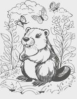 Cute Beaver Mammal Coloring Kid Book Page in Black and White. Monochrome and Colored Samples vector