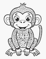 Cute Monkey Mammal Coloring Kid Book Page in Black and White. Monochrome and Colored Samples vector