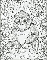 Cute Gorilla Mammal Coloring Kid Book Page in Black and White. Monochrome and Samples vector