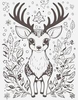 Cute Deer Mammal Coloring Kid Book Page in Black and White. Monochrome Colored Samples vector