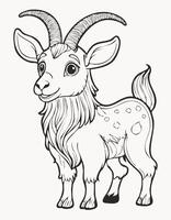 Cute Ibex Goat Mammal Coloring Kid Page in Black and White. Monochrome and Colored Samples vector