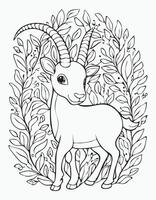 Cute Ibex Goat Mammal Coloring Kid Book Page in Black and White. Monochrome and Colored vector