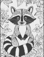 Cute Raccoon Mammal Coloring Kid Book Page in Black and White. Monochrome and Colored vector