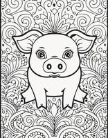 Cute Pig Boar Mammal Coloring Kid Page in Black and White. Monochrome and Colored Samples vector